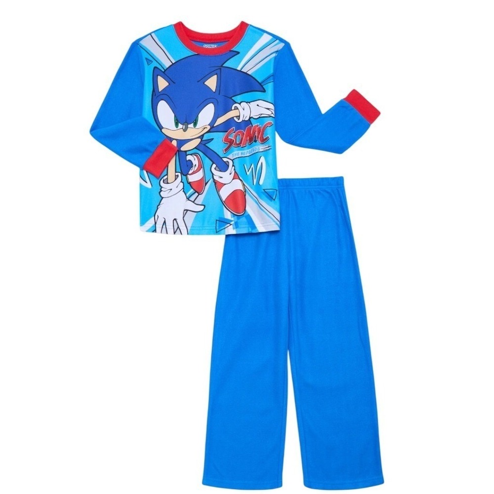 Sonic the Hedgehog Pajama Set Kids‎ L 10/12 Blue 2pc Fleece Sleepwear New